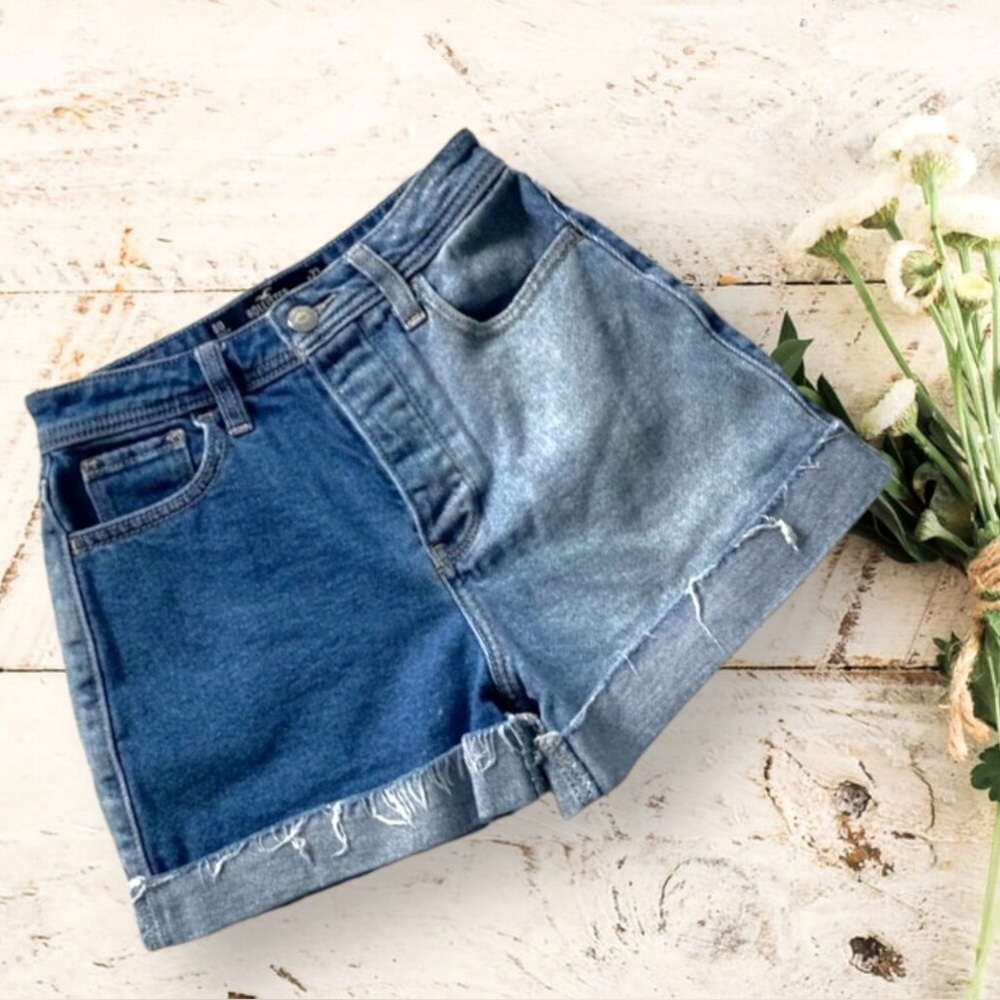 Hollister Ultra High Rise Vintage Stretch Colorblock Denim Shorts Raw Hem  0